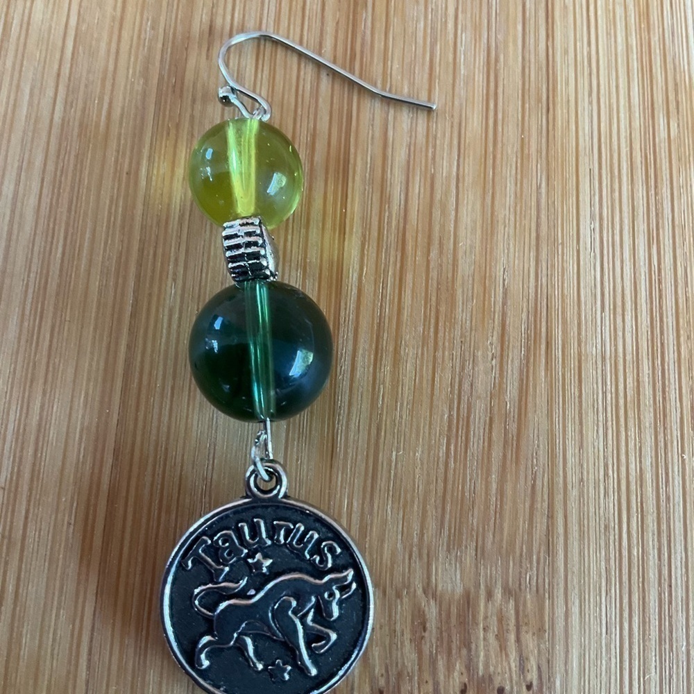 Hand Crafted Zodiac Earrings Taurus Charm Green Lime Beads Silver Heart Pierced - Picture 8 of 9